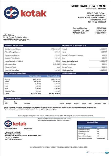 Download India Kotak Mahindra Bank mortgage statement Word and PDF template Photoshop template